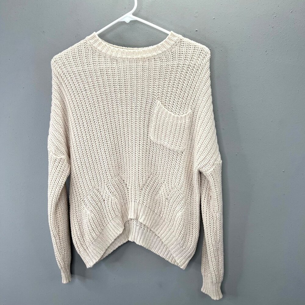 Rag Poets Chunky Knit Sweater XS Cream Ivory Cropped Loose Pocket Long Sleeve